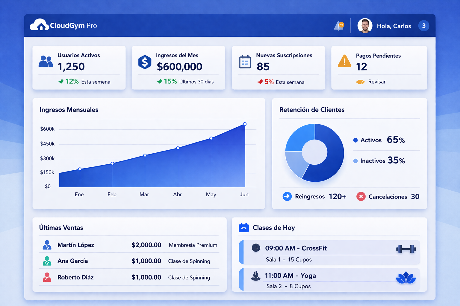 Dashboard de CloudGym Pro - Sistema de control y gestión para gimnasios
